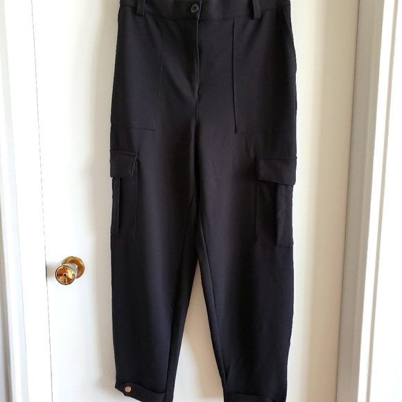 Femme by Design Black Baggy Dress Cargo Trousers Silver Ankle Snap Women S-L NWT - Picture 1 of 11